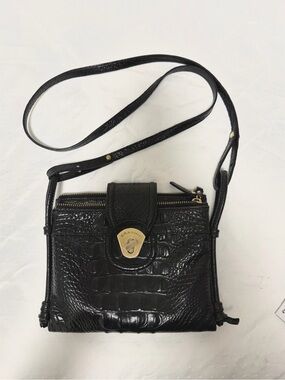 Brahmin Black Croc-Embossed Leather Crossbody with Gold Hardware